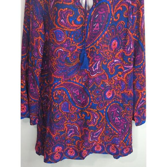 Mabel Navy Orange & Blue Paisley Tasseled Neck Tunic Top Women Large Boho NWT - Picture 4 of 10